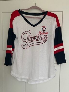 Women's White & Navy Raglan MN Twins Jersey Top